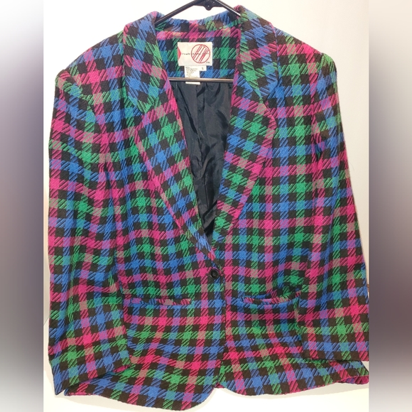 RTW Bright Multicolor Plaid Blazer Sz Sm Jacket Retro Wool Acrylic Polyester - Picture 1 of 14